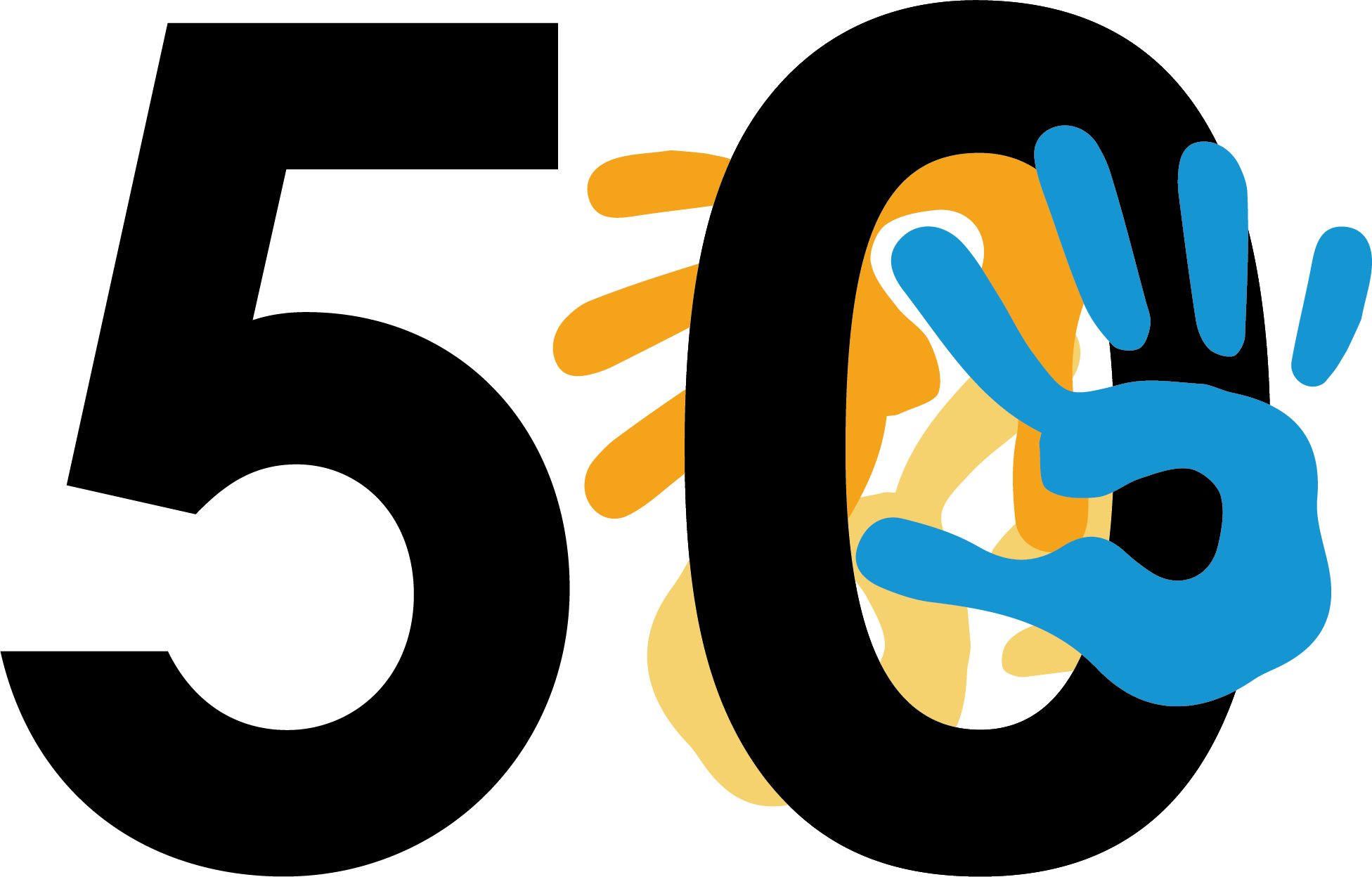 Latham Primary 50th Anniversary logo - the logo resembles three hands over a 50